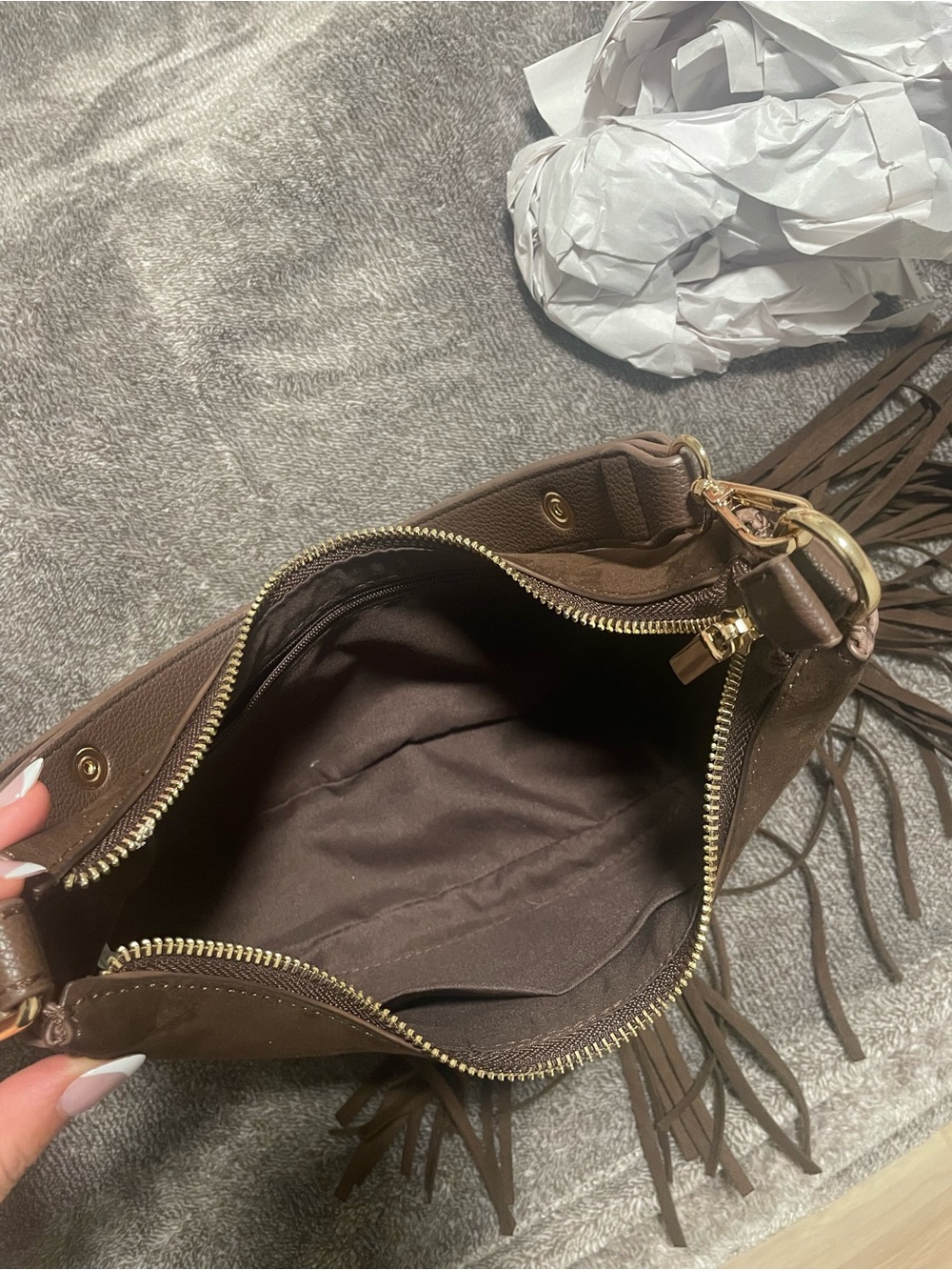 Fringed Shoulder Hobo Bag in Dark Brown - Picture 6 of 6